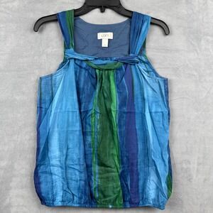 LOFT XS Tie Strap Tank Top Blue‎ Green Watercolor Stripe Sleeveless Blouse Silk
